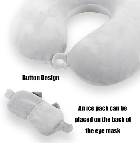 Kids Travel Neck Pillow with Sleep Mask - Grey Cat Design