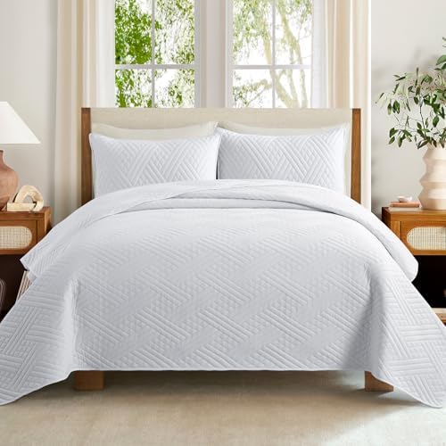 Safonory King Size Quilt Set - 106x96 White Striped Bedspread