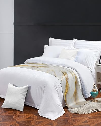 Yukro Bed Runner Scarf - Marble White Grey Golden Abstract Art Texture