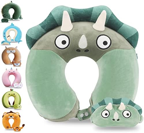 Sexysamba Cartoon Headrest Pillow for Kids with Sleep Eye Mask - Green Triceratops