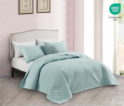CHIXIN Queen Quilt Set - Geometric Seaglass Pattern Ultrasonic Quilting Reversible 4 Piece