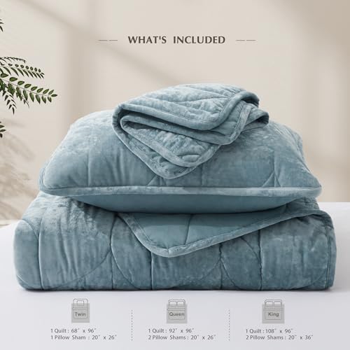 Oli Anderson Velvet Quilt Set Queen Size - Ash Blue 3PCS