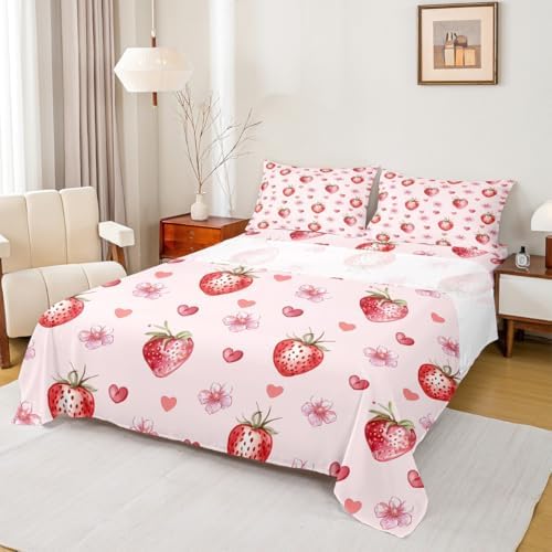 Jejeloiu Strawberry Bed Sheet Set King Size Kawaii