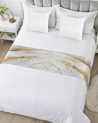 Yukro Bed Runner Scarf - Marble White Grey Golden Abstract Art Texture