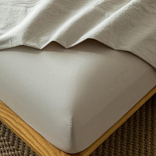 MooMee Cream Grey Fitted Sheet Queen 100 Washed Cotton