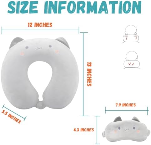 Kids Travel Neck Pillow with Sleep Mask - Grey Cat Design