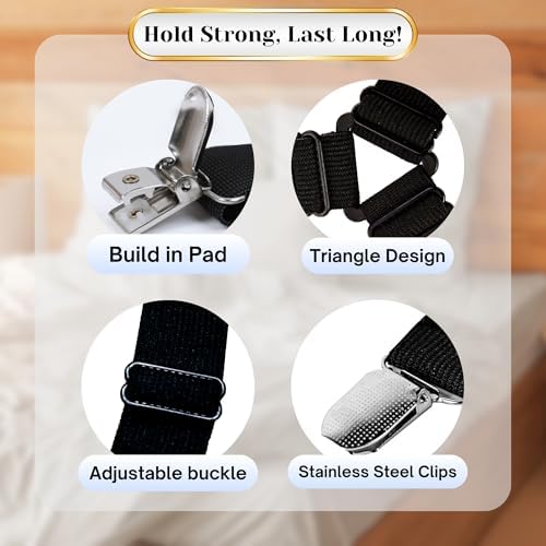 Kaslasi Comfort Bed Sheet Straps 4PCS Adjustable with Durable Clips