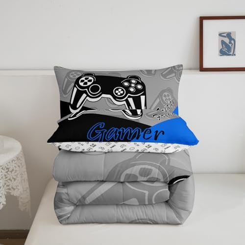 Feelyou Gaming Comforter Set Twin Size Blue Black Grey