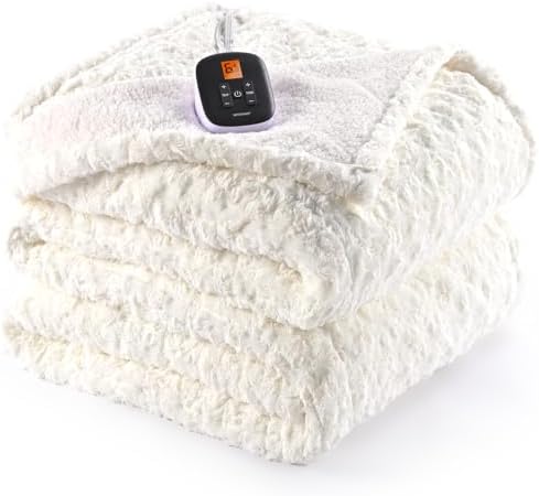 WOOMER 77x84 Electric Heated Blanket with Rose Faux Fur and 4 Heat Levels