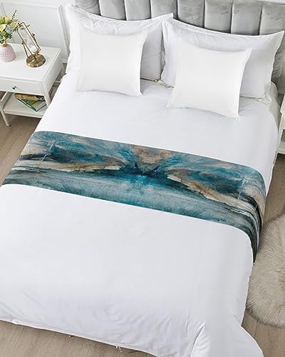 ZFUNCING Abstract Mottled Turquoise Green Gray Bed Runner Scarf