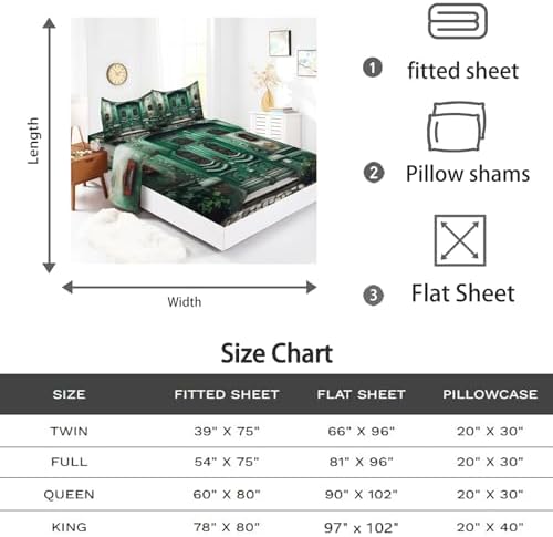 Full Fitted Sheet Set - Green Retro European Style 4 Piece