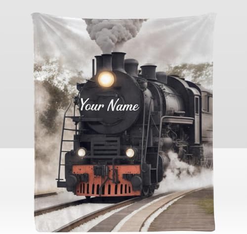 Custom Blanket with Name Text Personalized Retro Steam Train Fleece Throw