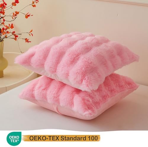 LIFEREVO Fluffy Faux Rabbit Fur Pillow Covers Pink 18x18