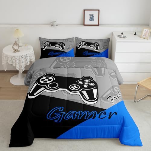 Feelyou Gaming Comforter Set Twin Size Blue Black Grey