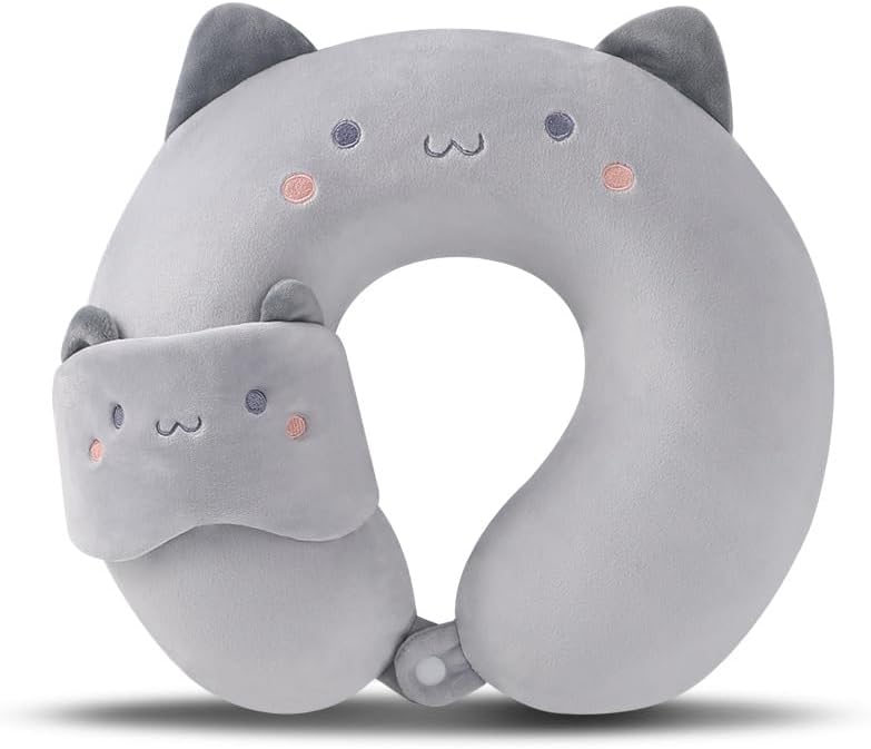 Kids Travel Neck Pillow with Sleep Mask - Grey Cat Design