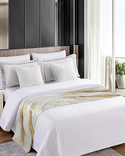 Yukro Bed Runner Scarf - Marble White Grey Golden Abstract Art Texture