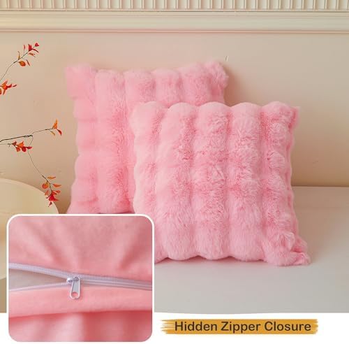 LIFEREVO Fluffy Faux Rabbit Fur Pillow Covers Pink 18x18
