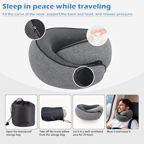 Travel Neck Pillow with 360 Support and Velcro Adjustment