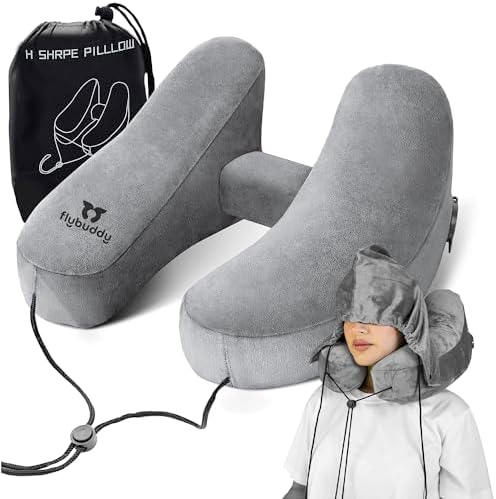 FlyBuddy Inflatable Neck Pillow for Traveling with Travel Bag and Hood - Grey