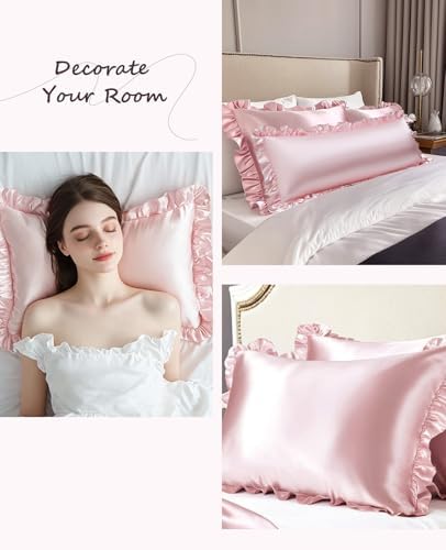 Ruffle Satin Pillowcase for Hair Skin Blush Pink 20x54 Inches
