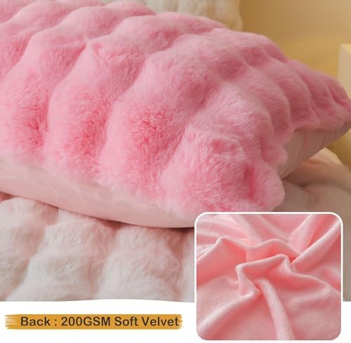 LIFEREVO Fluffy Faux Rabbit Fur Pillow Covers Pink 18x18