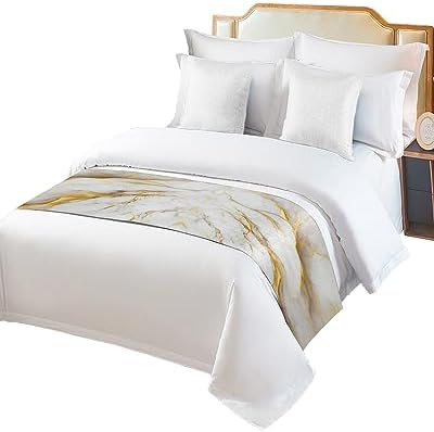 Yukro Bed Runner Scarf - Marble White Grey Golden Abstract Art Texture