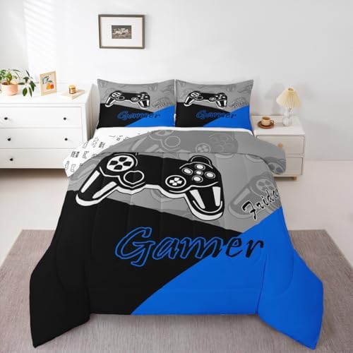 Feelyou Gaming Comforter Set Twin Size Blue Black Grey