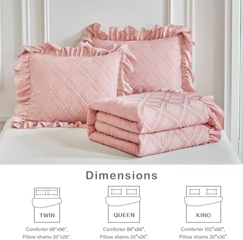 Flysheep Blush Pink Tufted Ruffle Comforter Set Twin Size