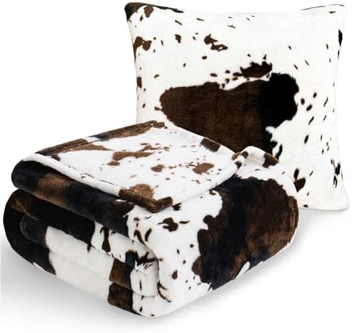 Vessia Throw Blanket Cow Black Brown with Pillow Cover