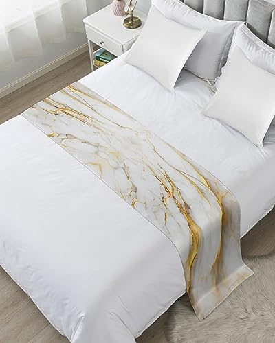 Yukro Bed Runner Scarf - Marble White Grey Golden Abstract Art Texture