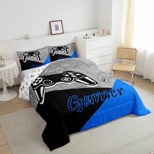 Feelyou Gaming Comforter Set Twin Size Blue Black Grey