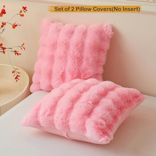 LIFEREVO Fluffy Faux Rabbit Fur Pillow Covers Pink 18x18