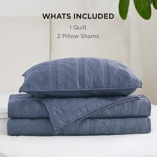 Bedsure 100 Cotton Quilt Set Queen Navy Blue Geometric 3-Piece