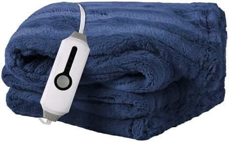 YAKEE Electric Heated Blanket 72x84 Navy Faux Fur 1