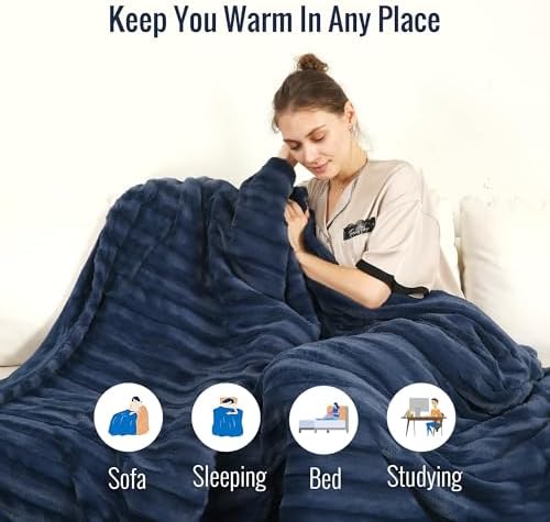 YAKEE Electric Heated Blanket 72x84 Navy Faux Fur 1
