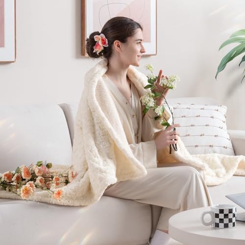 WOOMER Electric Heated Throw 50x60 Spring Blossom Faux Fur Sherpa