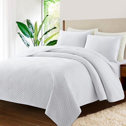 Safonory King Size Quilt Set - 106x96 White Striped Bedspread
