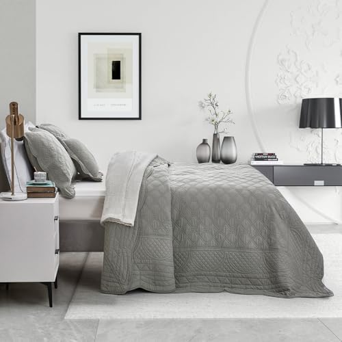 CHIXIN Oversized Cotton Bedspread - 3 Piece Set Grey King Size