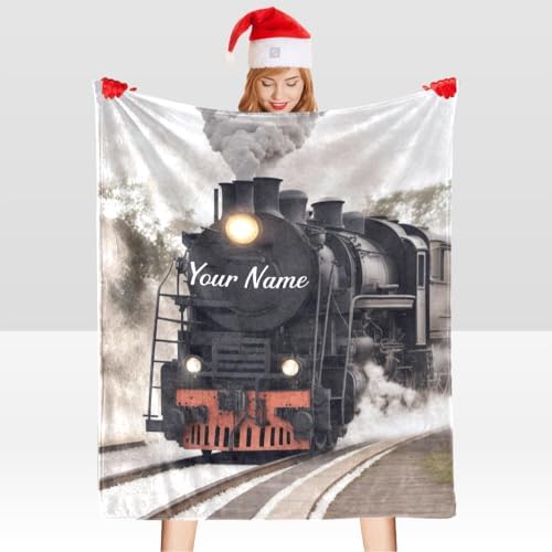 Custom Blanket with Name Text Personalized Retro Steam Train Fleece Throw