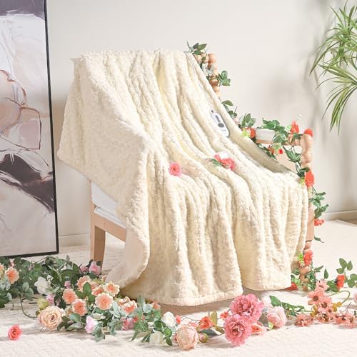 WOOMER Electric Heated Throw 50x60 Spring Blossom Faux Fur Sherpa