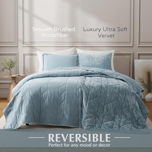 Oli Anderson Velvet Quilt Set Queen Size - Ash Blue 3PCS