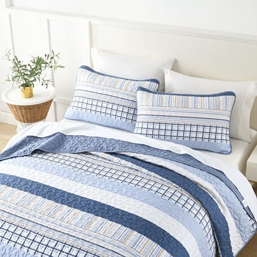 DJY Navy Blue Striped Quilt Set 3 Piece Queen Size