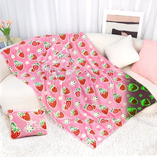 Glow in The Dark Strawberry Travel Blanket and Pillow Set