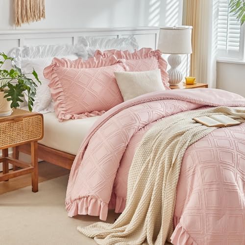 Flysheep Blush Pink Tufted Ruffle Comforter Set Twin Size