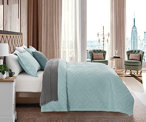 CHIXIN Queen Quilt Set - Geometric Seaglass Pattern Ultrasonic Quilting Reversible 4 Piece
