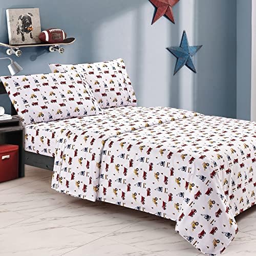 Viviland 4-Piece Boys Truck Bed Sheet Set - White Microfiber