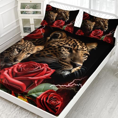 AILONEN Leopard Fitted Sheet Twin XL Set 3D Oil Red Rose Pattern 3PCS