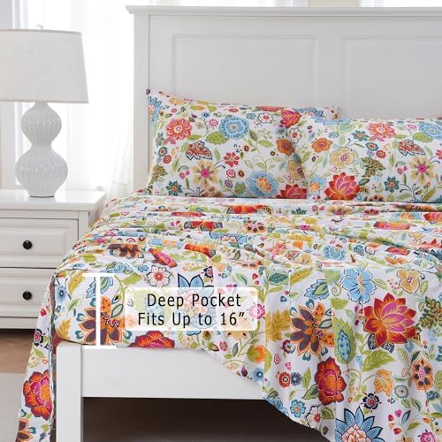 MEISHANG Queen Sheet Set - Floral Deep Pocket Ultra Soft Microfiber