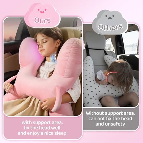 PYURIFAI Kids Car Pillow with Head Support and Handles Pink