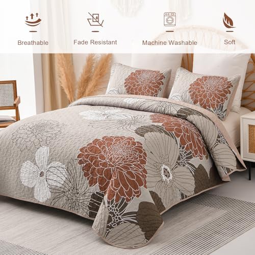 Anibedding King Quilt Set Brown Floral Pattern 3 Piece 1